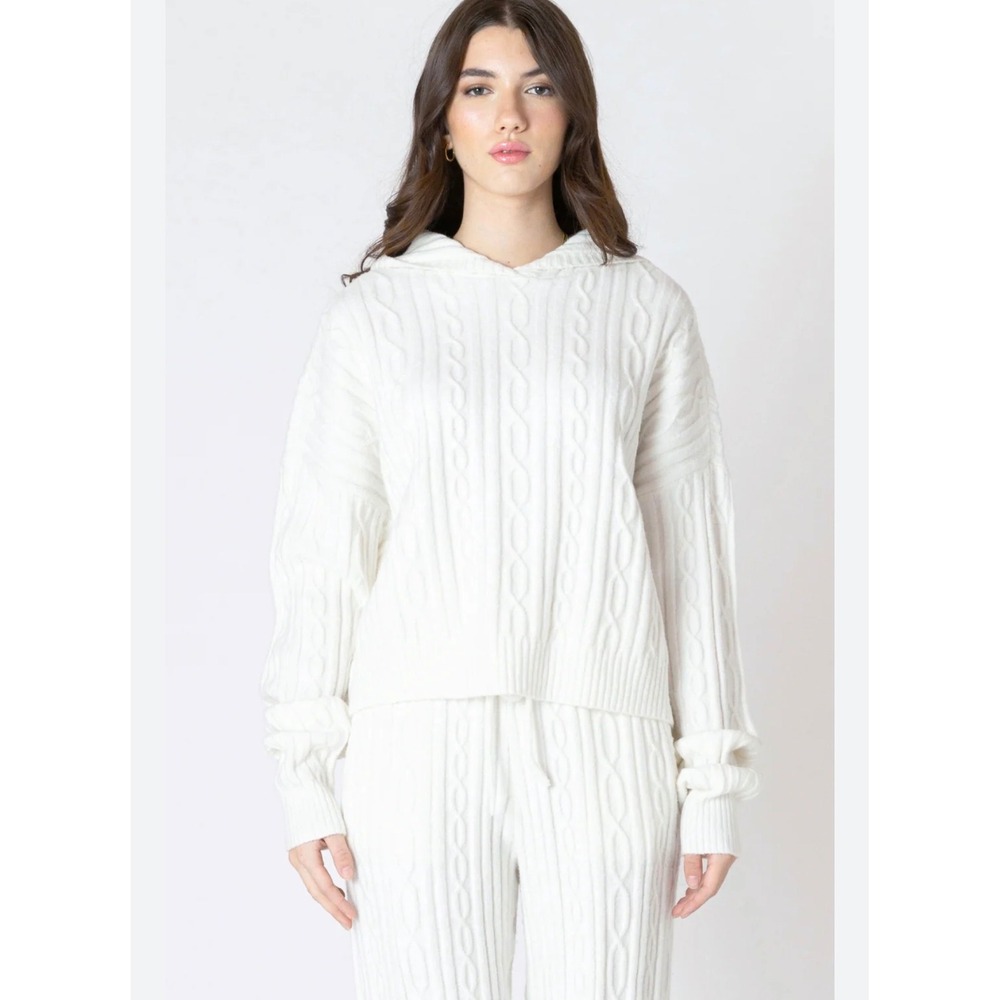 Alo Yoga Cable Knit Hoodie Women Medium White Excellent Cropped Pullover Sweater
